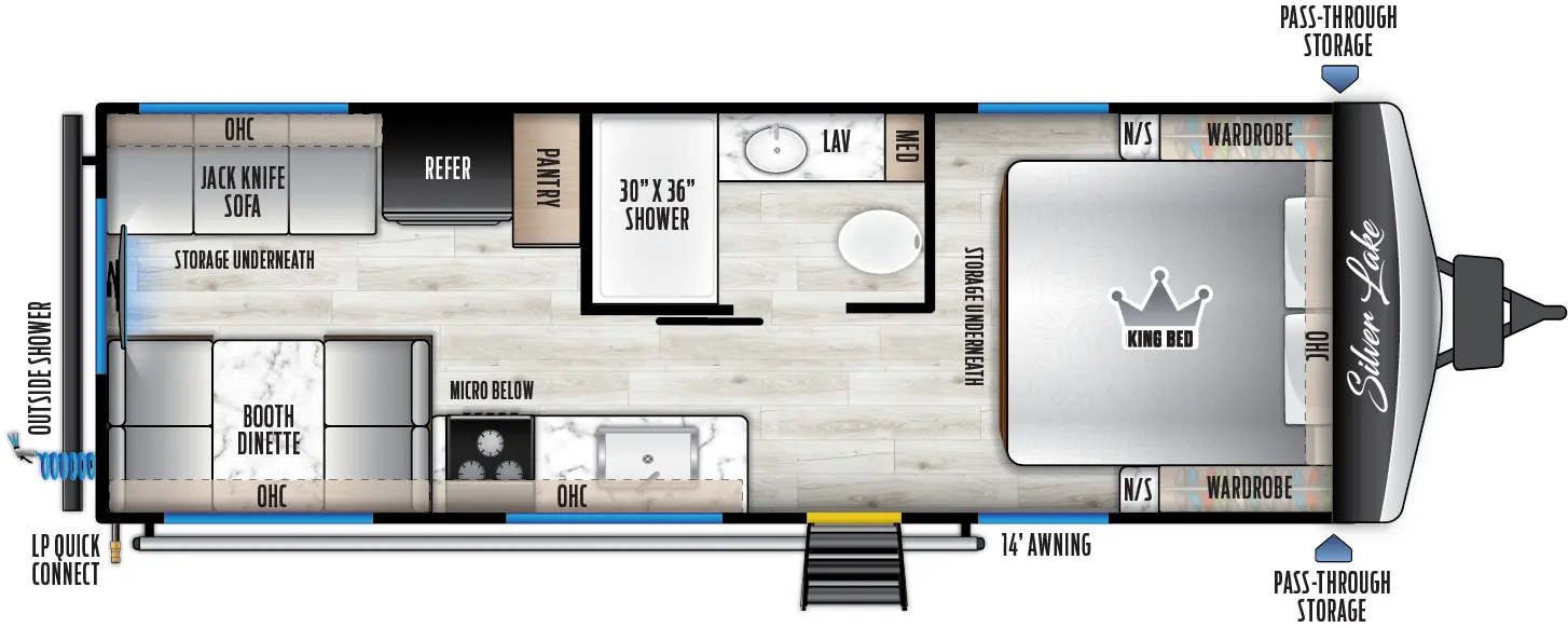 The 2300RD has zero slideouts and one entry. Exterior features front pass-through storage, 14 foot awning, LP quick connect, and rear outside shower. Interior layout front to back: foot-facing king bed with storage underneath, overhead cabinet, and wardrobes with nightstands on each side; off-door side full bathroom with medicine cabinet; door side entry, kitchen counter with sink, overhead cabinet, cooktop with microwave below, and rear booth dinette with overhead cabinet; off-door side pantry, refrigerator, and rear jackknife sofa with overhead cabinet, storage underneath, and TV hookup.